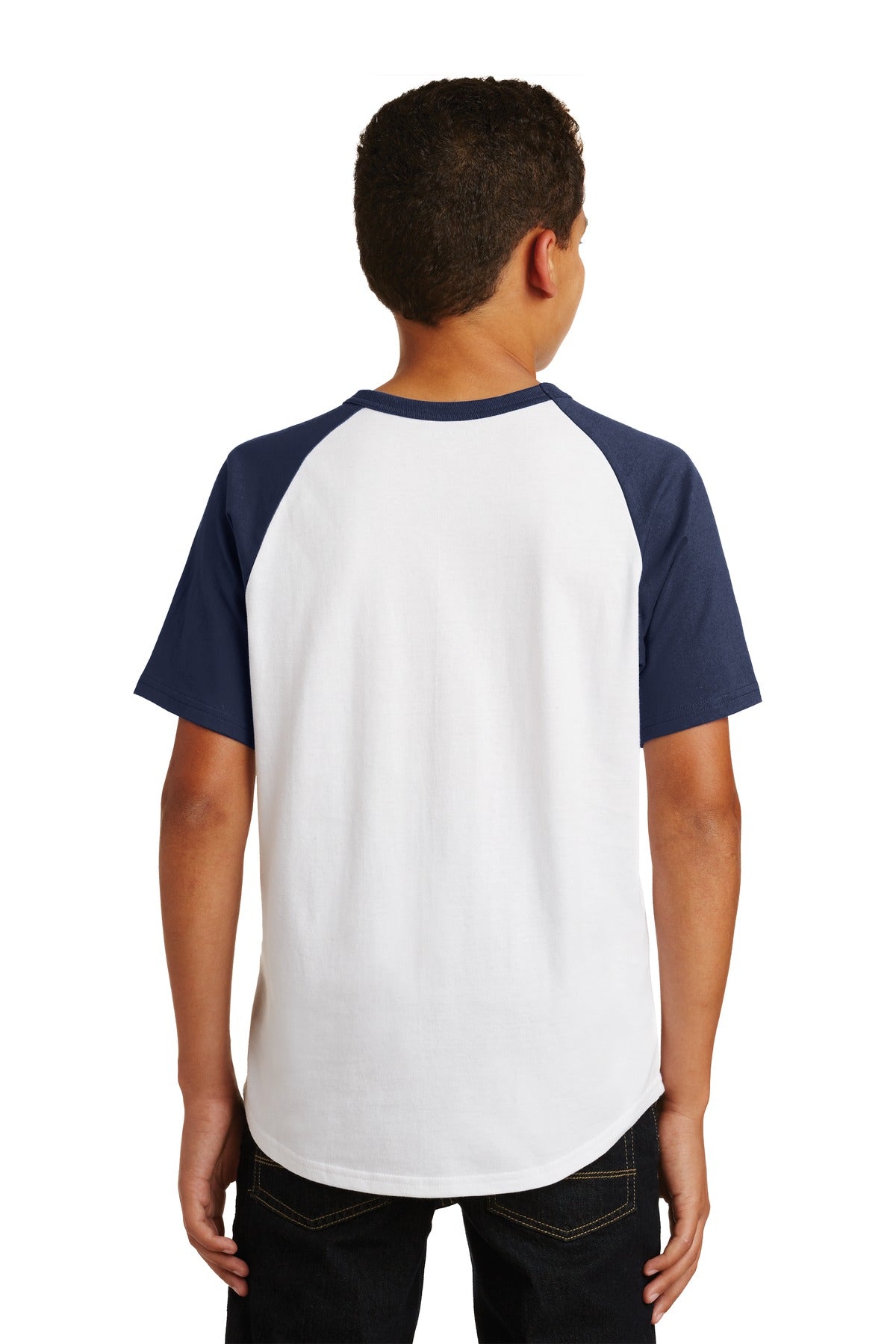 White/Navy Sport-Tek Youth Short Sleeve Colorblock Raglan Jersey. YT201