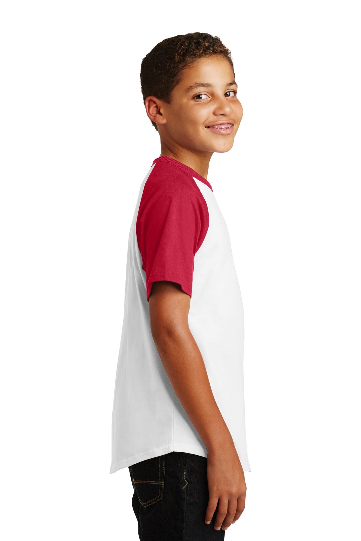 White/Red Sport-Tek Youth Short Sleeve Colorblock Raglan Jersey. YT201