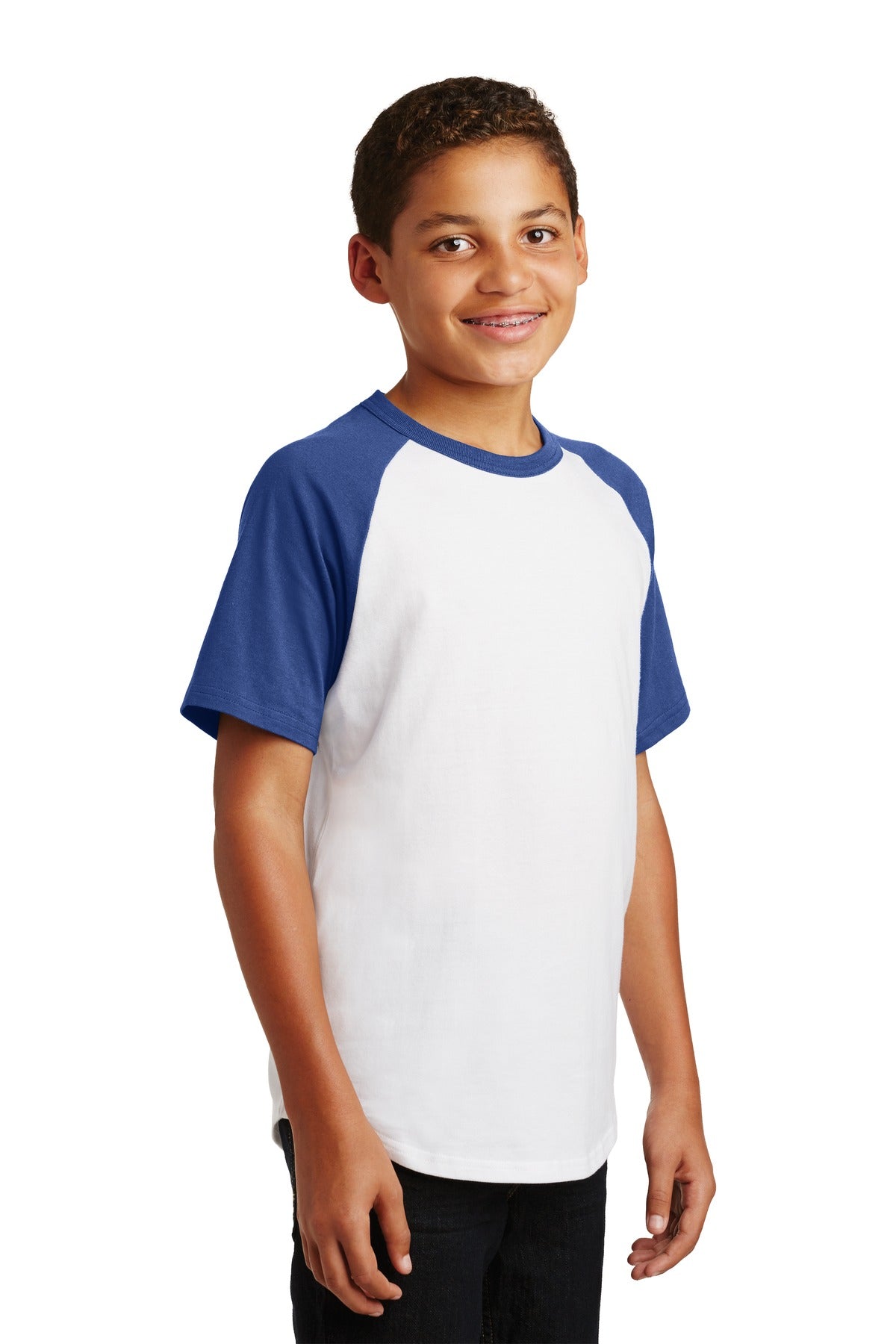 White/Royal Sport-Tek Youth Short Sleeve Colorblock Raglan Jersey. YT201