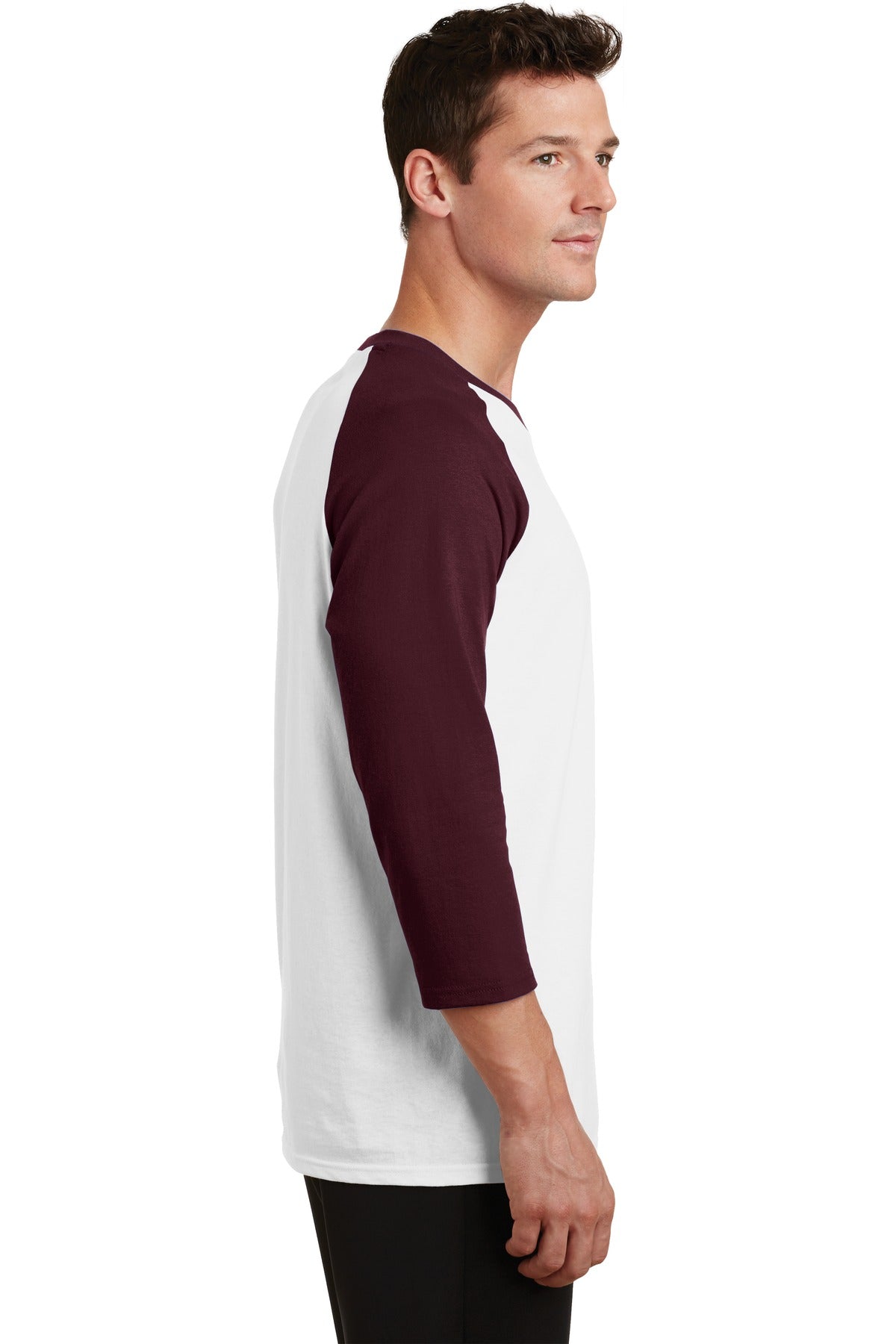 Wht/Ath Maroon Port & Company Core Blend 3/4-Sleeve Raglan Tee. PC55RS