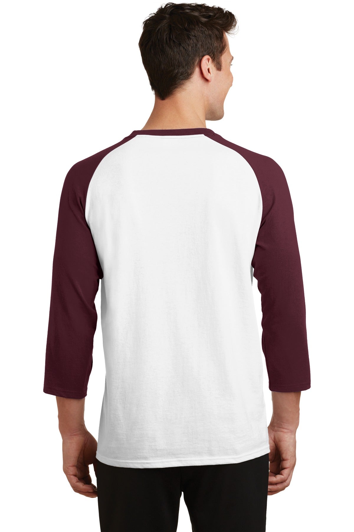Wht/Ath Maroon Port & Company Core Blend 3/4-Sleeve Raglan Tee. PC55RS