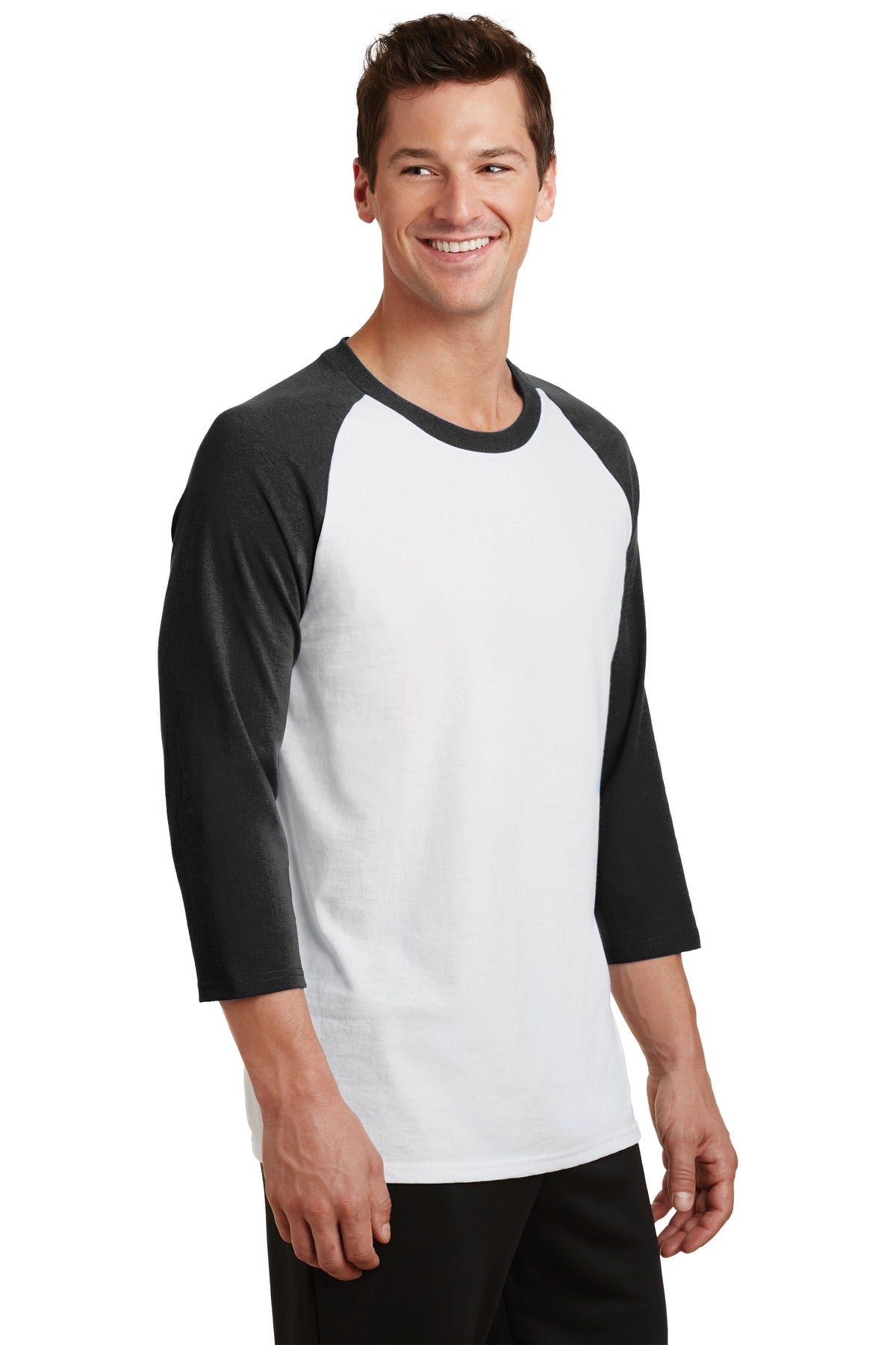 Wht/Jet Black Port & Company Core Blend 3/4-Sleeve Raglan Tee. PC55RS