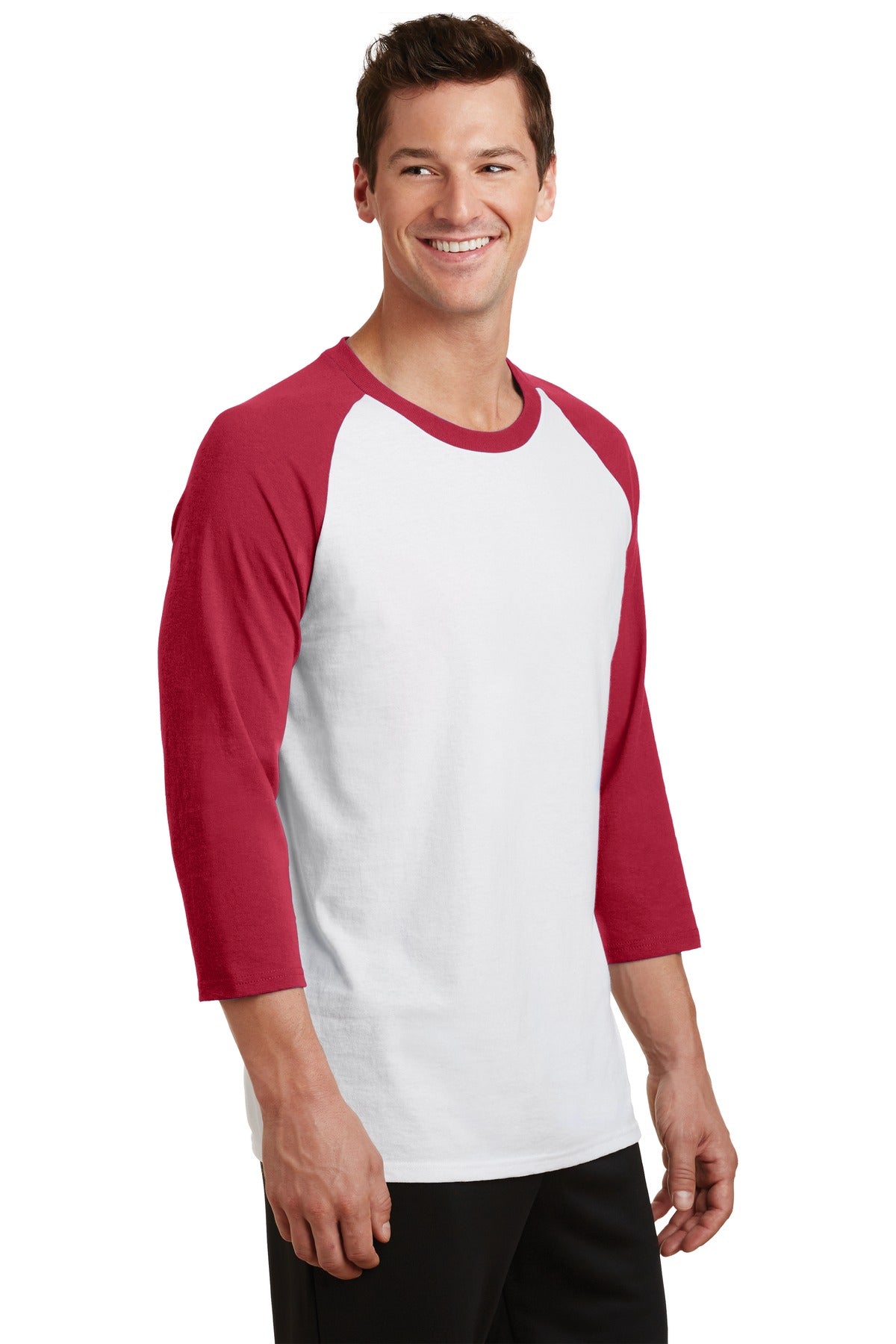 Wht/Red Port & Company Core Blend 3/4-Sleeve Raglan Tee. PC55RS