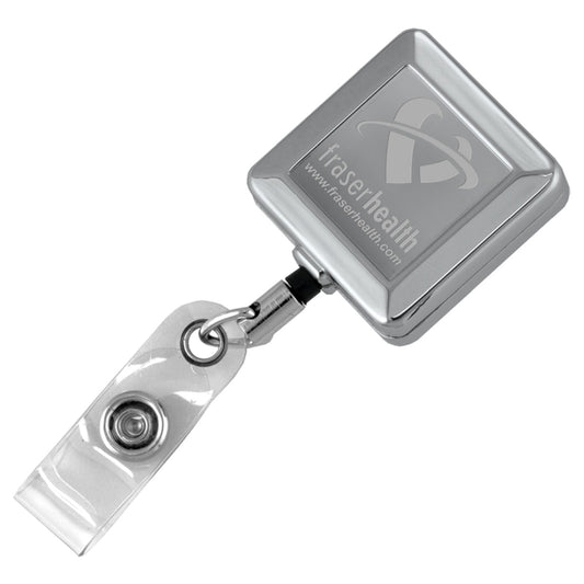 32" Cord Square Chrome Solid Metal Retractable Badge Reel and Badge Holder with Laser Imprint