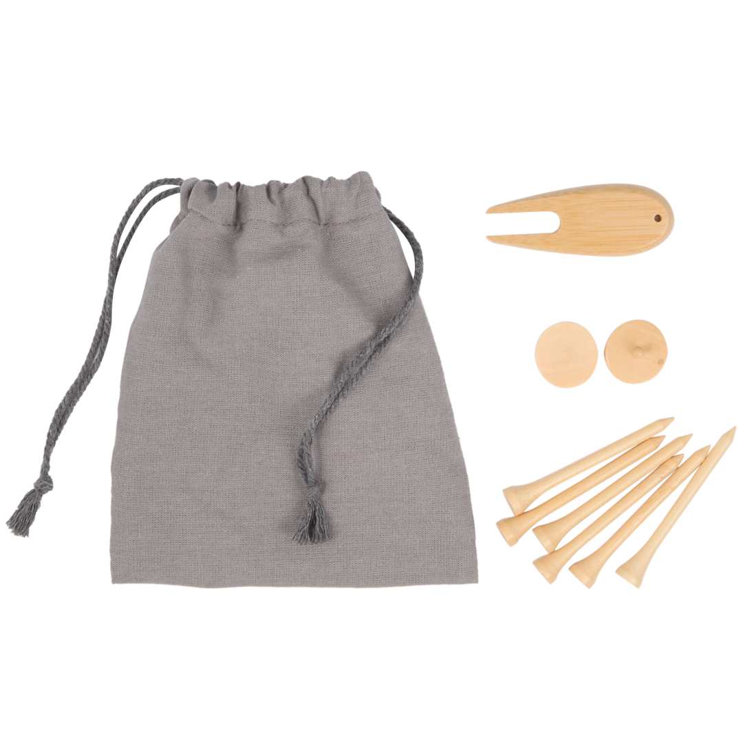 Front View of Gray Bamboo Golf Tee Set with Recycled Pouch
