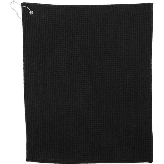 Front View of Black 15" x 18" Recycled 200g Microfiber Waffle Towel
