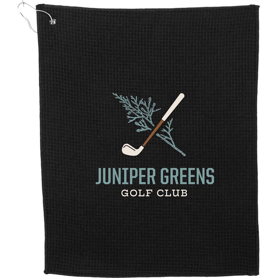 Front View of Black 15" x 18" Recycled 200g Microfiber Waffle Towel