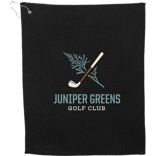 Front View of Black 15" x 18" Recycled 200g Microfiber Waffle Towel