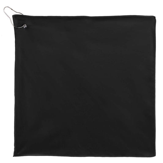 Front View of Black 15" x 15" Recycled 200g Microfiber Towel