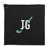 Front View of Black 15" x 15" Recycled 200g Microfiber Towel