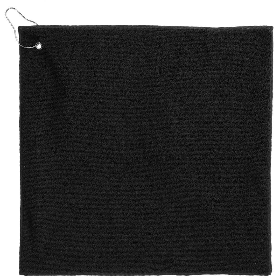 Front View of Black 15" x 15" Recycled 300g Terry Polyester Towel