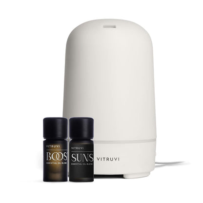 Front View of White Vitruvi Glow Diffuser and Essential Oil Bundle Set