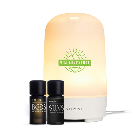 Front View of White Vitruvi Glow Diffuser and Essential Oil Bundle Set