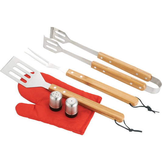 Front View of Black BBQ Now Apron and 7 piece BBQ Set