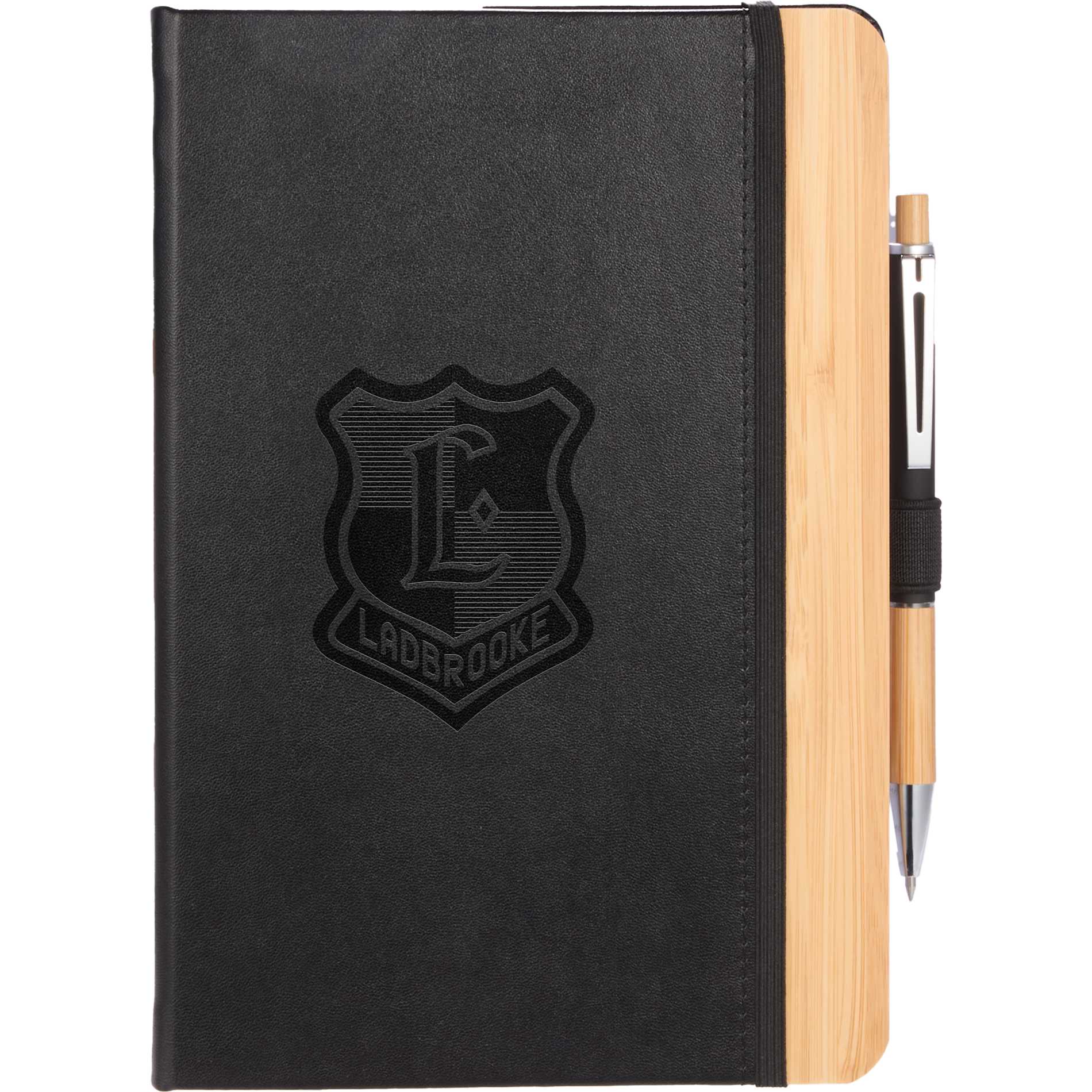 Front View of Black 5.5” x 8.5” FSC® Recycled Kia Bamboo Journal