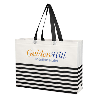 WHITE WITH BLACK Non-Woven Horizontal Stripe Tote Bag