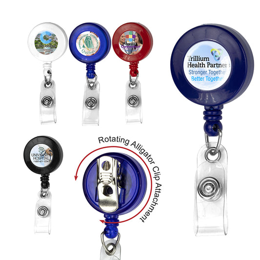Red "Bellefontaine VL" 30” Cord Round Retractable Badge Reel and Badge Holder with Rotating Alligator Cl