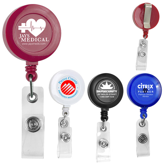 Red "Lorain VL" 30” Cord Round Retractable Badge Reel and Badge Holder with Metal Slip Clip Attachment