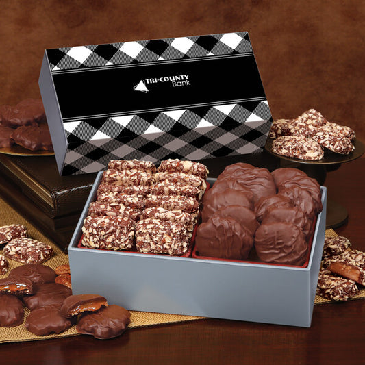 Toffee & Pecan Clusters in Gift Box with Black Plaid Sleeve