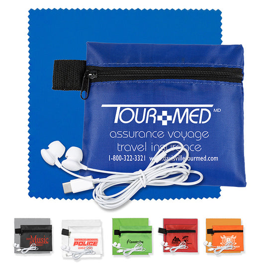 Red with unimprinted Red Microfiber Cloth (#TK110R) Mobile Tech Earbud Kit with Microfiber Cleaning Cloth In Zipper Pouch