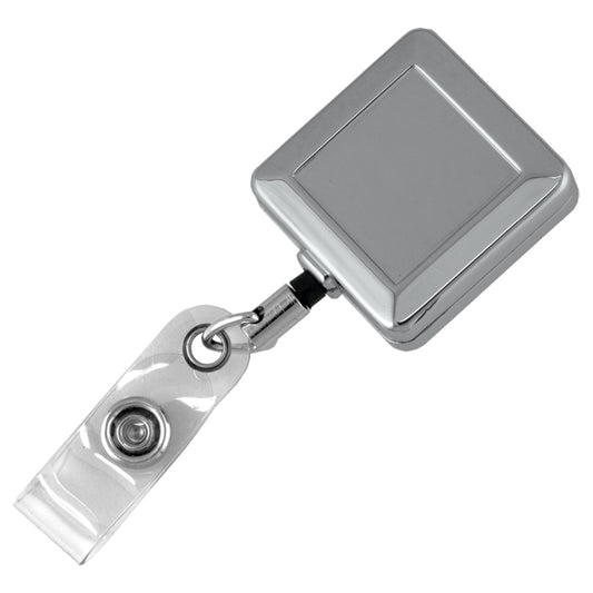 32" Cord Square Chrome Solid Metal Retractable Badge Reel and Badge Holder