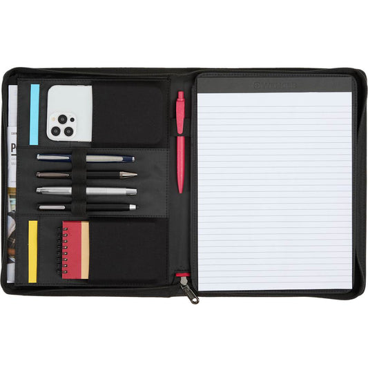 Front View of Black Wenger Recycled Tech Zippered Padfolio