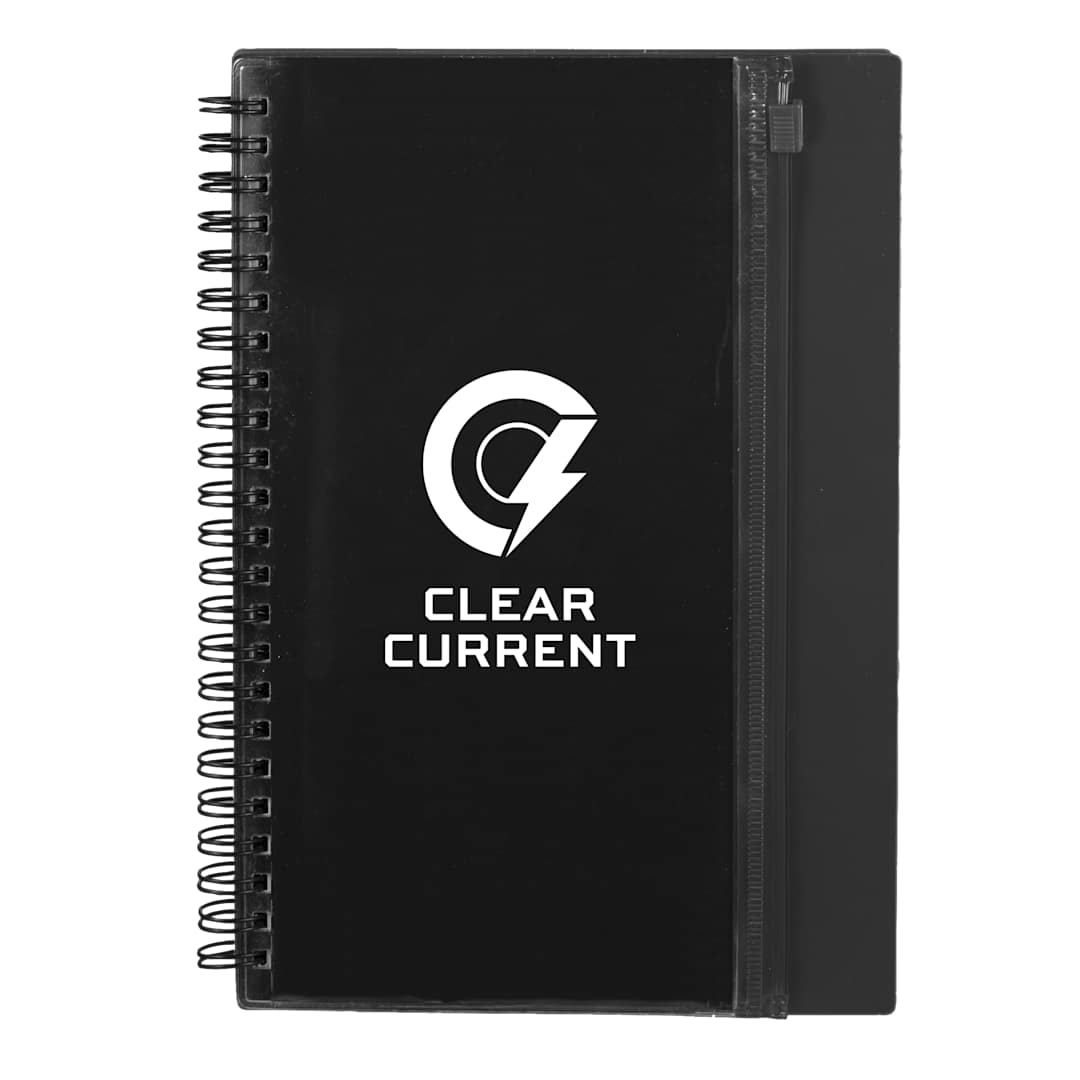 Front View of Black 5.5" x 8.5" Spiral Notebook with Clear Pocket
