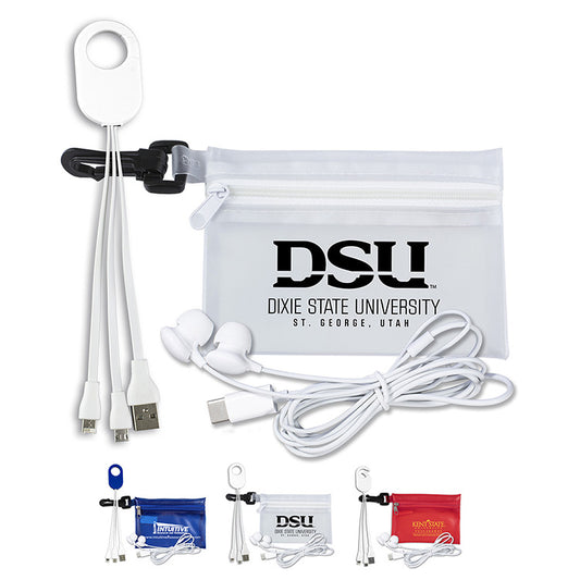 Trans Red "Cambell" Mobile Tech Earbud and Charging Cables Kit In Translucent Carabiner Zipper Pouch