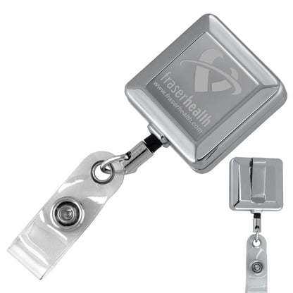 32" Cord Square Chrome Solid Metal Retractable Badge Reel and Badge Holder with Laser Imprint