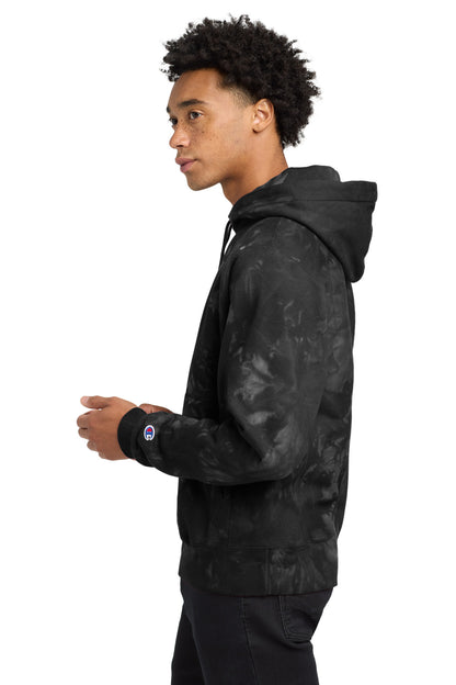 Black Champion Reverse Weave Scrunch-Dye Tie-Dye Hooded Sweatshirt. TDS101