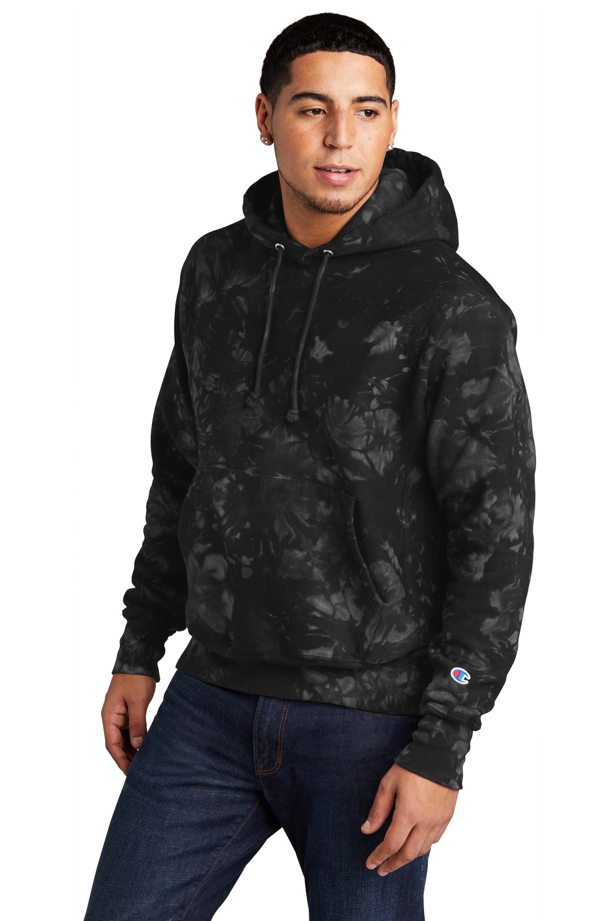 Black Champion Reverse Weave Scrunch-Dye Tie-Dye Hooded Sweatshirt. TDS101