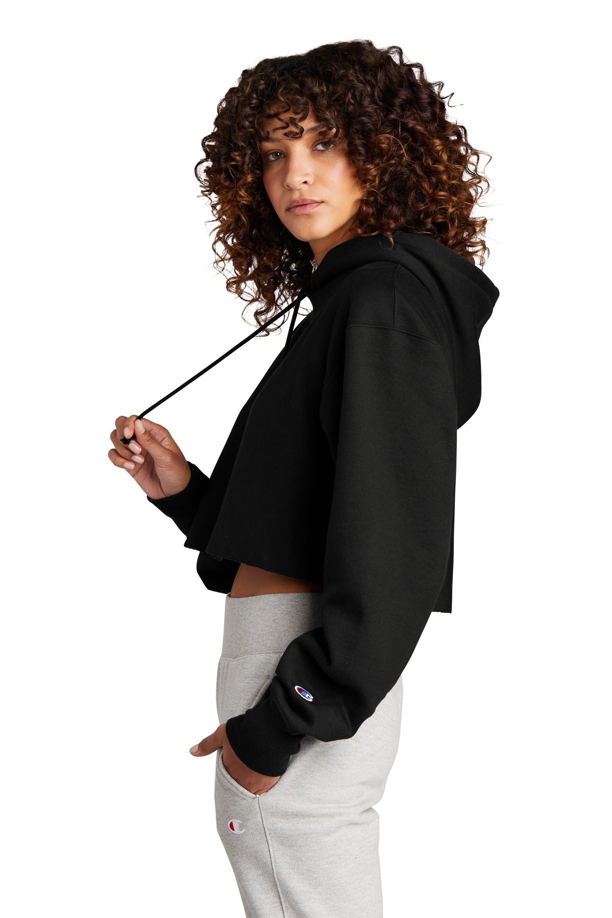 Black Champion Women's Reverse Weave Cropped Cut-Off Hooded Sweatshirt RW01W