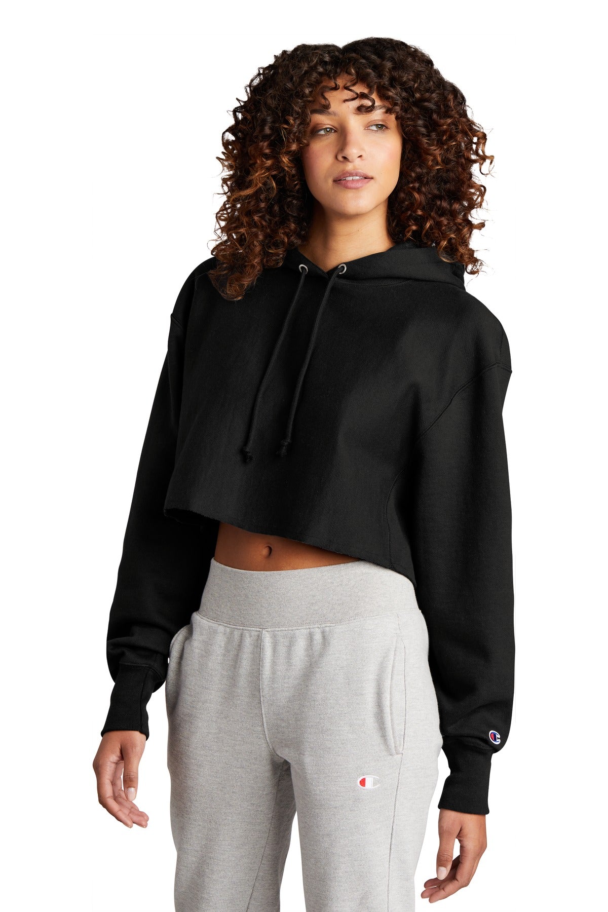 Black Champion Women's Reverse Weave Cropped Cut-Off Hooded Sweatshirt RW01W