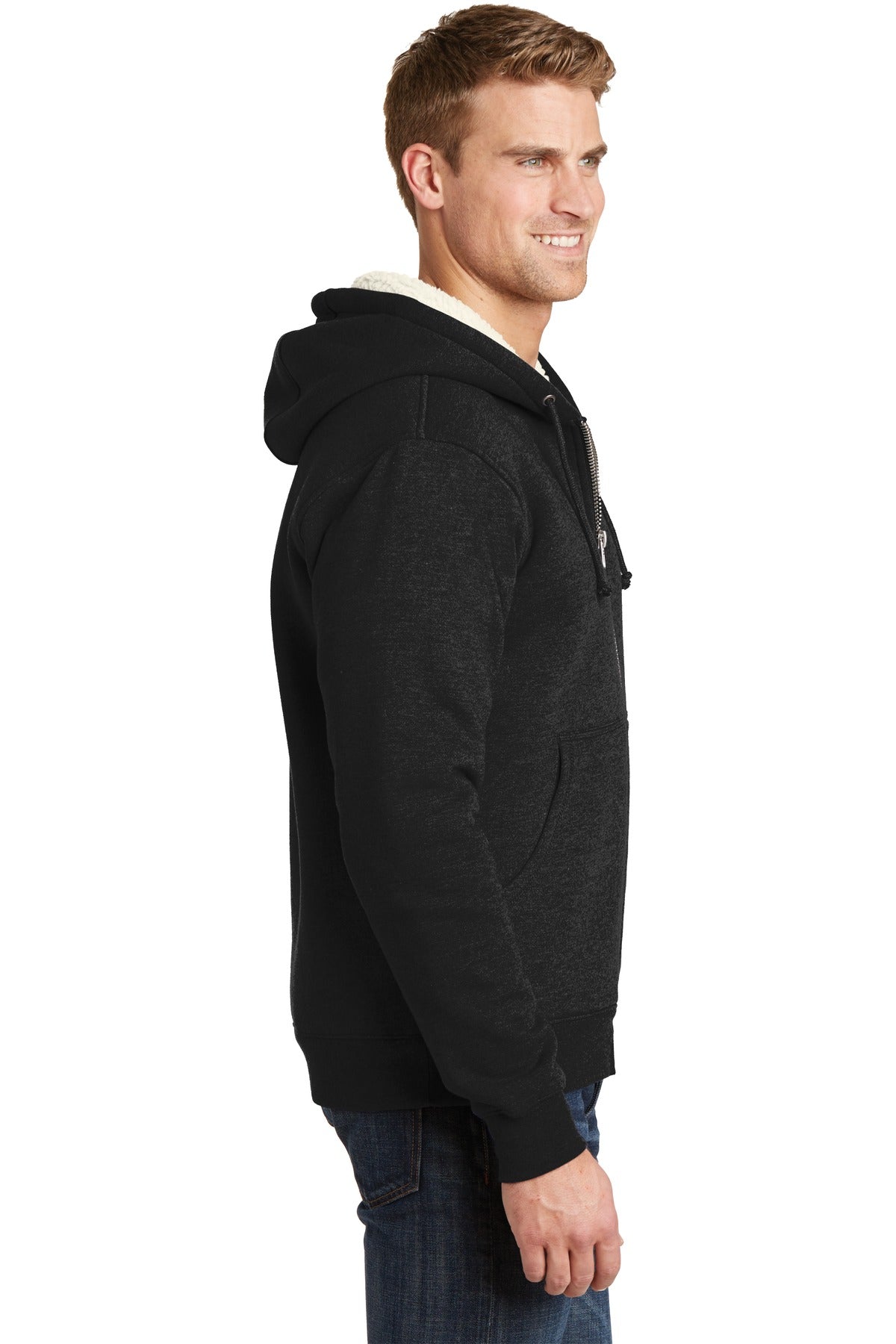Black CornerStone Heavyweight Sherpa-Lined Hooded Fleece Jacket. CS625