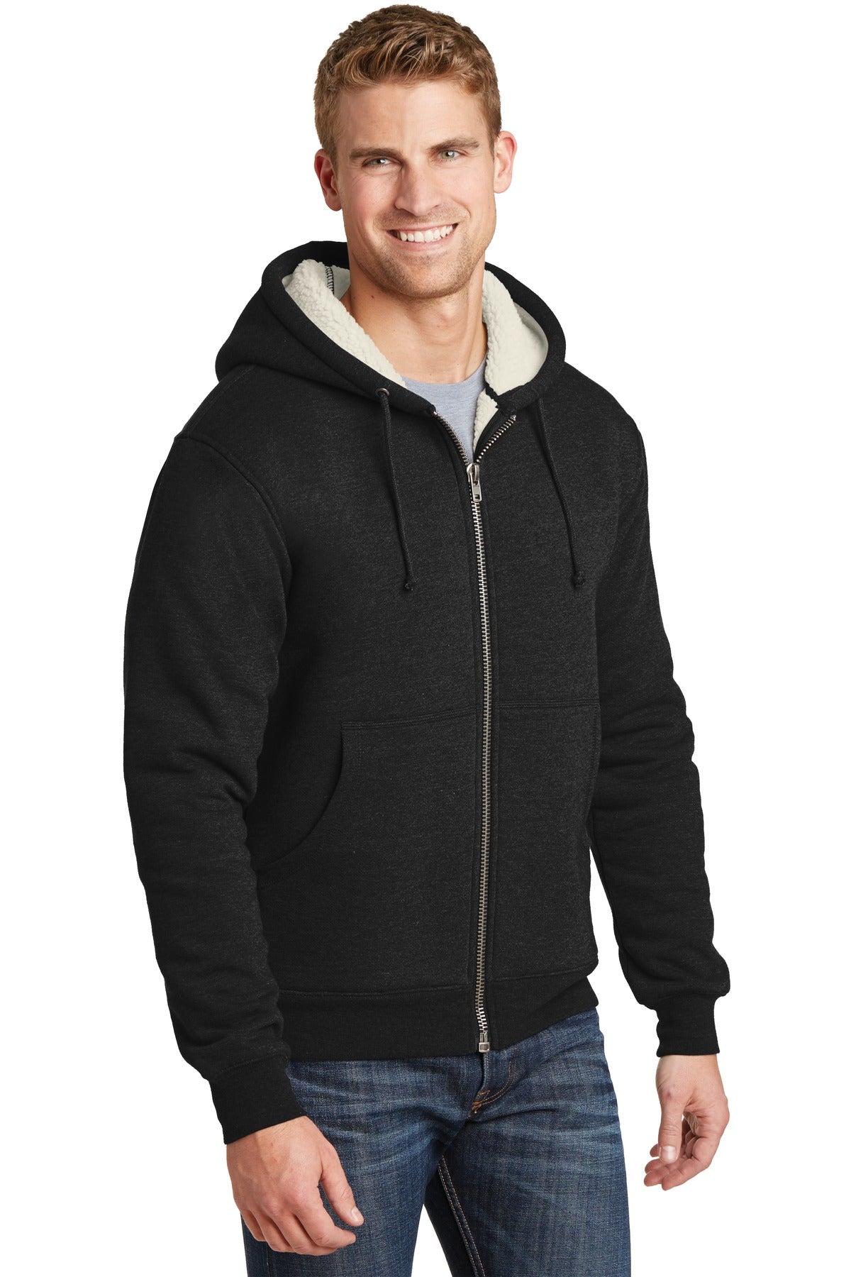 Black CornerStone Heavyweight Sherpa-Lined Hooded Fleece Jacket. CS625