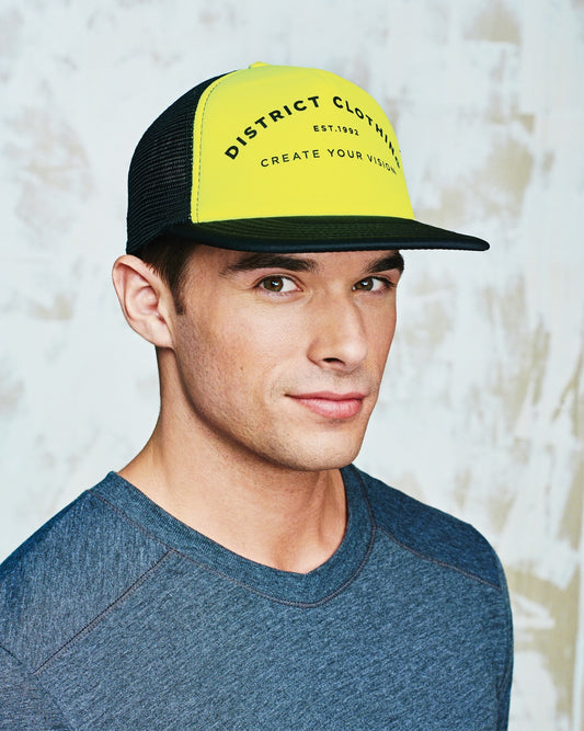 Black District Flat Bill Snapback Trucker Cap. DT624