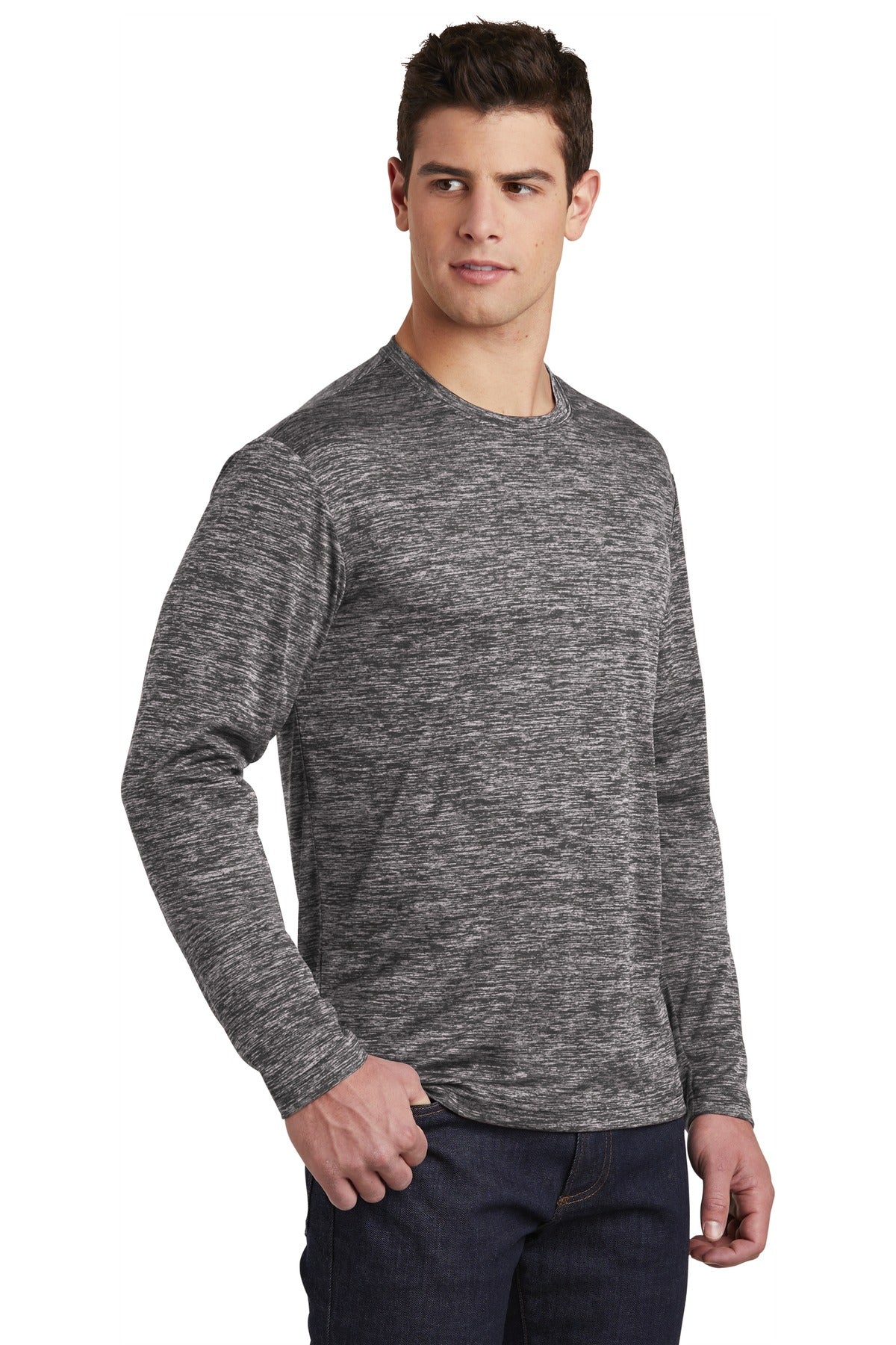 Black Electric Sport-Tek PosiCharge Long Sleeve Electric Heather Tee. ST390LS