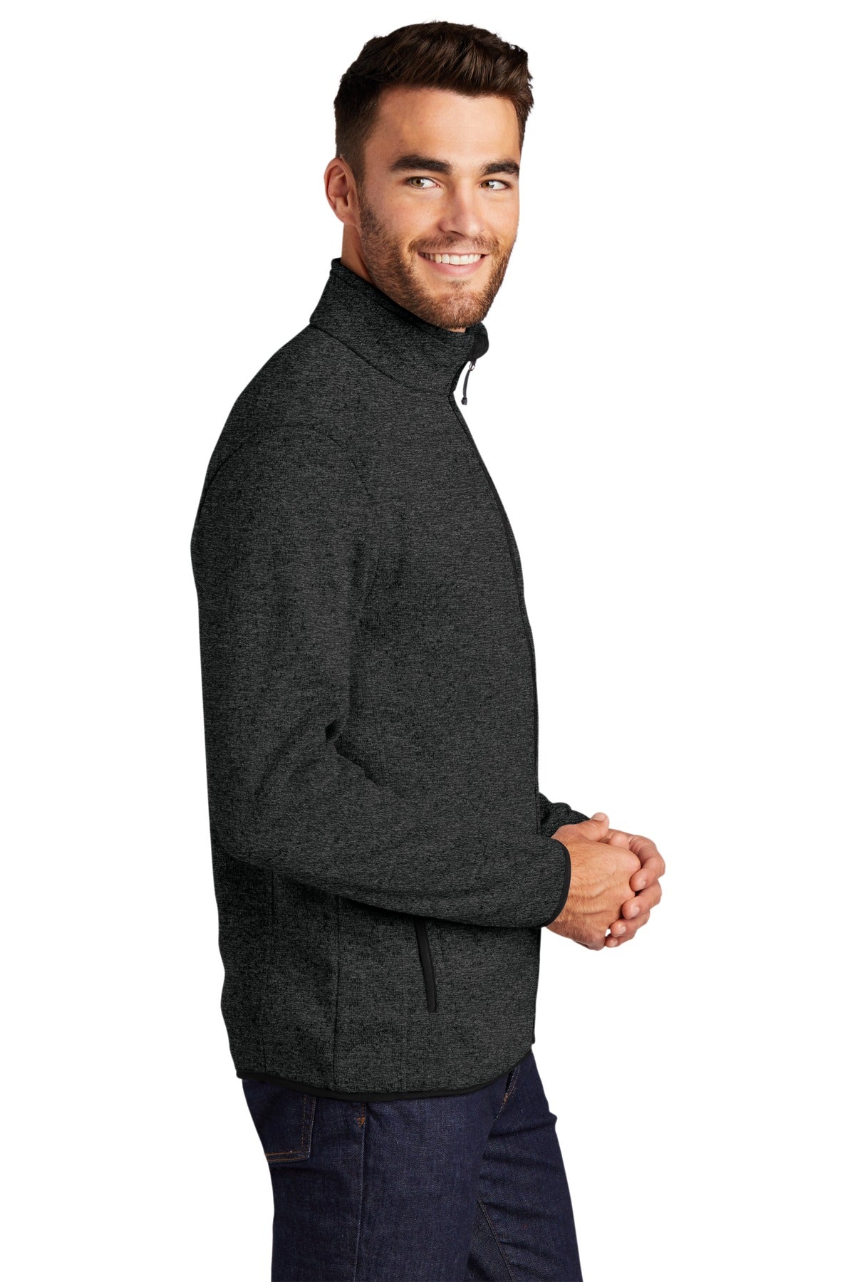 Black Hthr Port Authority Sweater Fleece Jacket. F232
