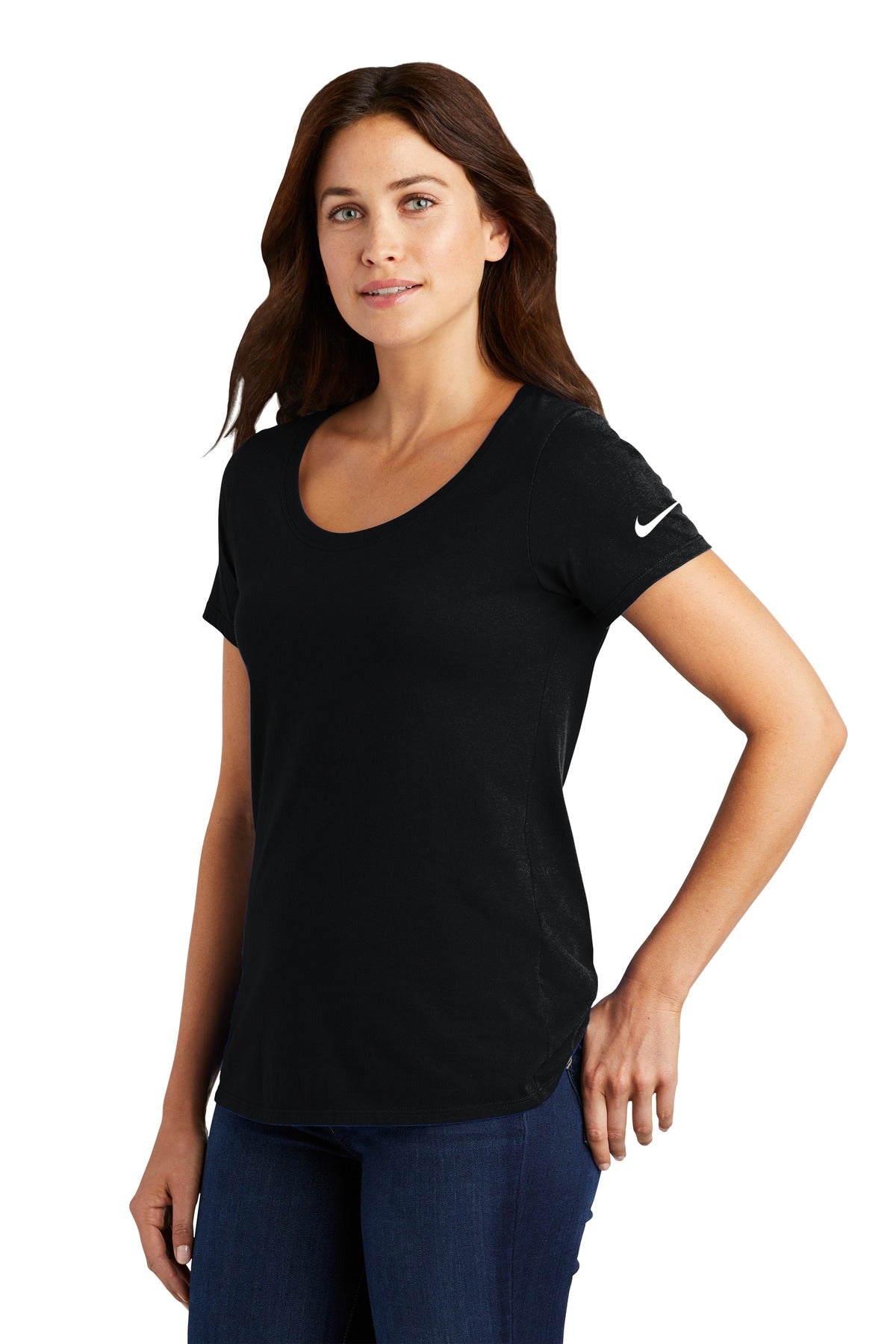 Black Nike Women's Dri-FIT Cotton/Poly Scoop Neck Tee. NKBQ5234