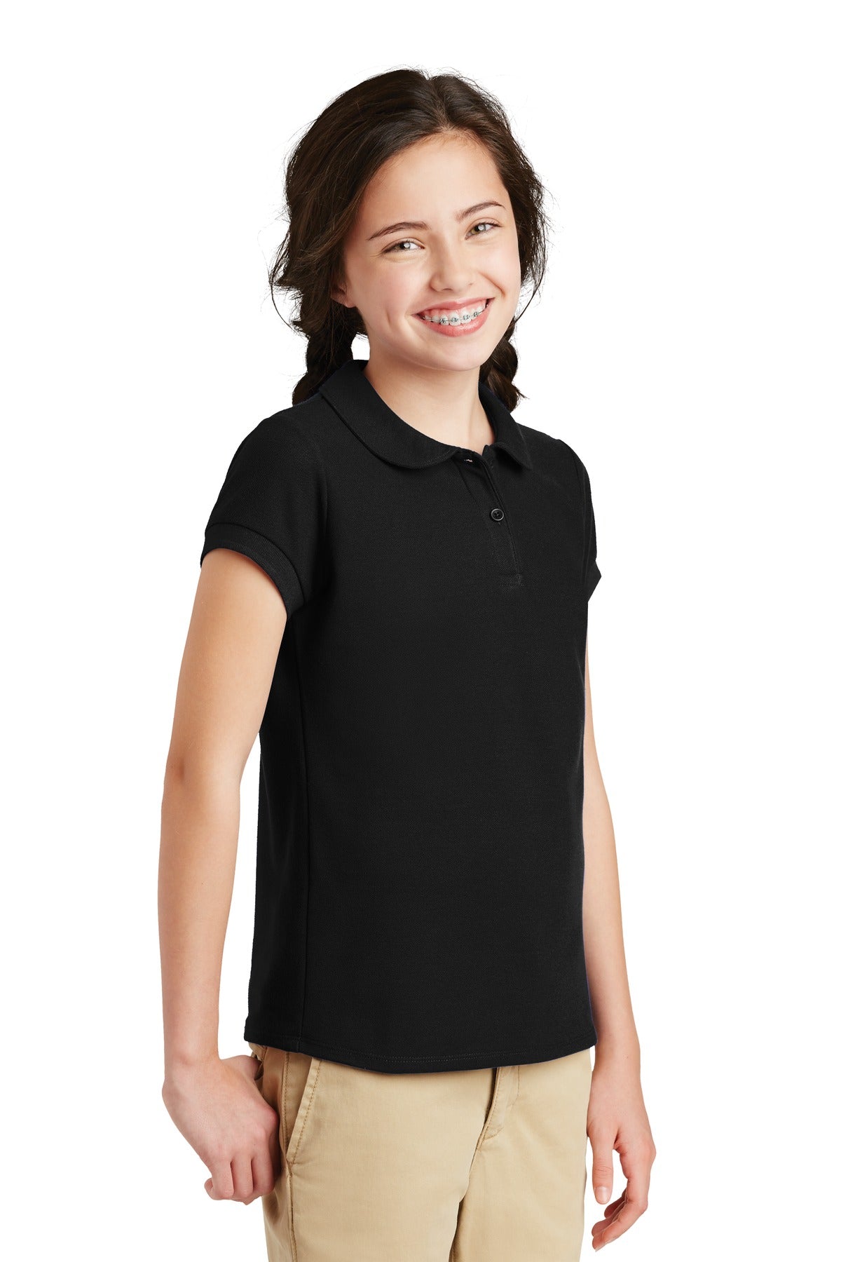 Black Port Authority Girls Silk Touch Peter Pan Collar Polo. YG503