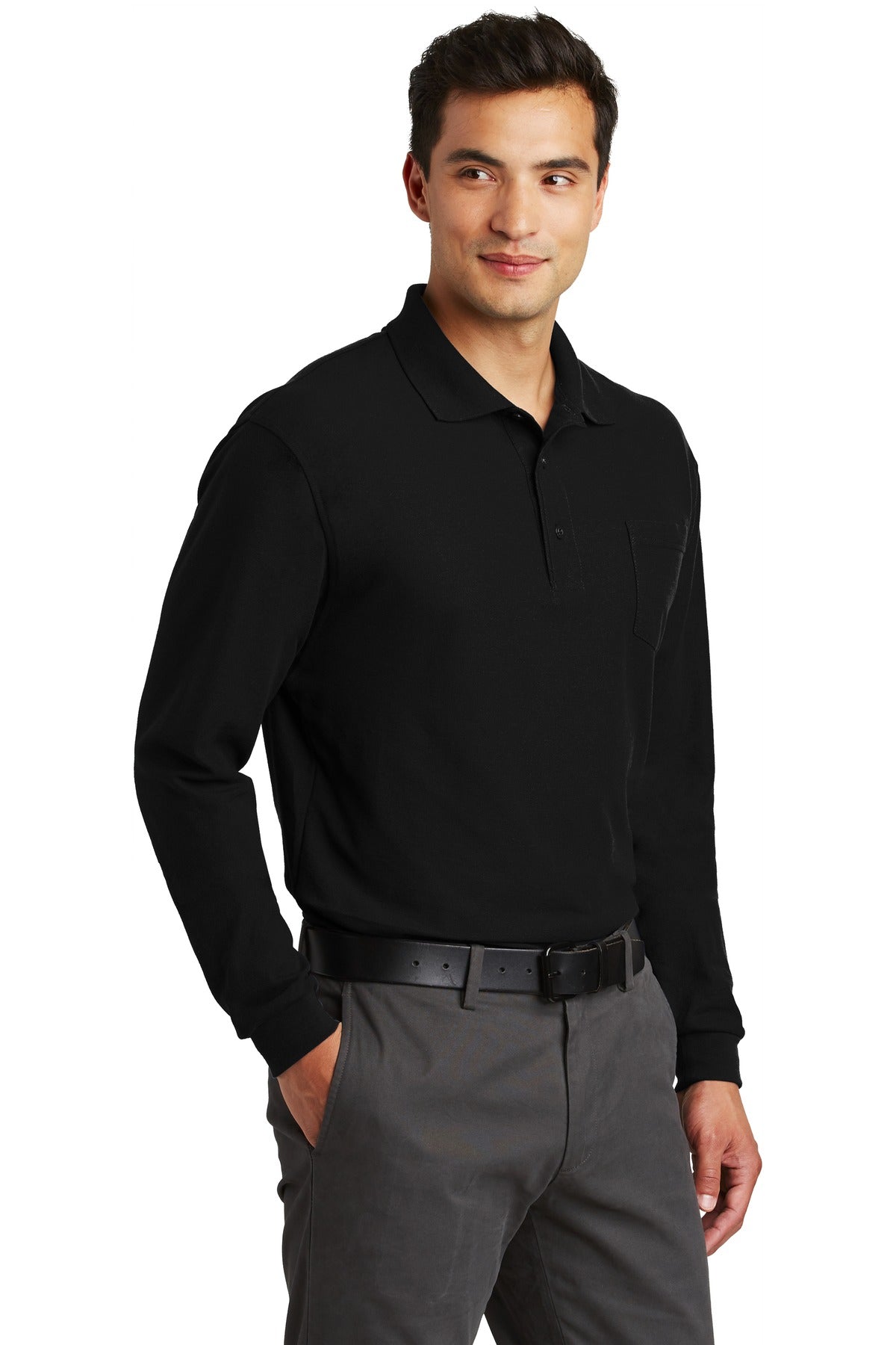 Black Port Authority Long Sleeve Silk Touch Polo with Pocket. K500LSP