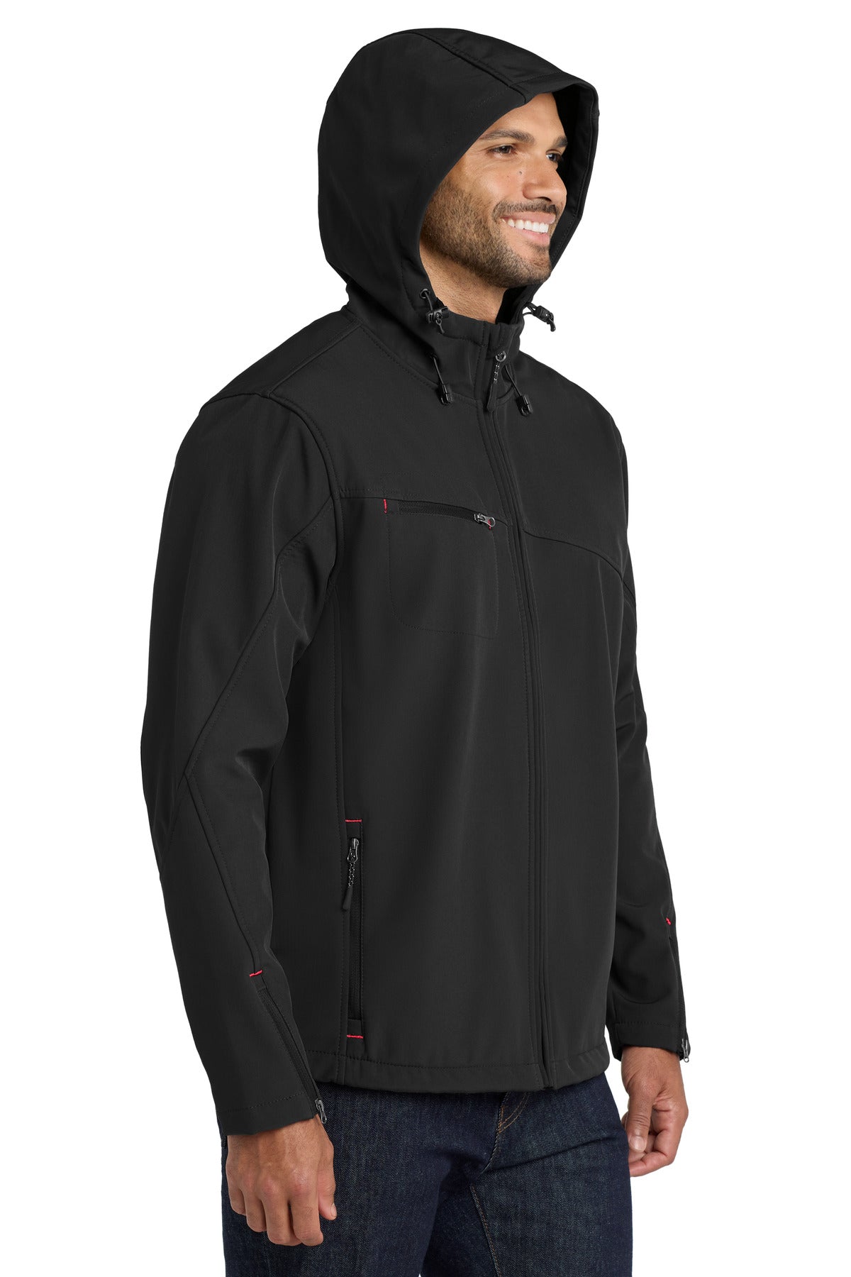 Black Port Authority Textured Hooded Soft Shell Jacket. J706