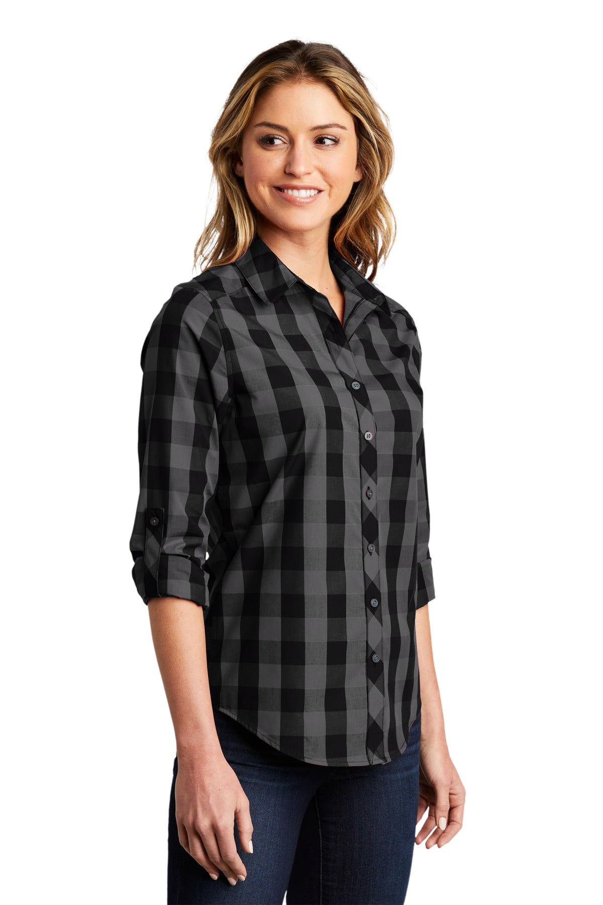 Black Port Authority Women's Everyday Plaid Shirt. LW670