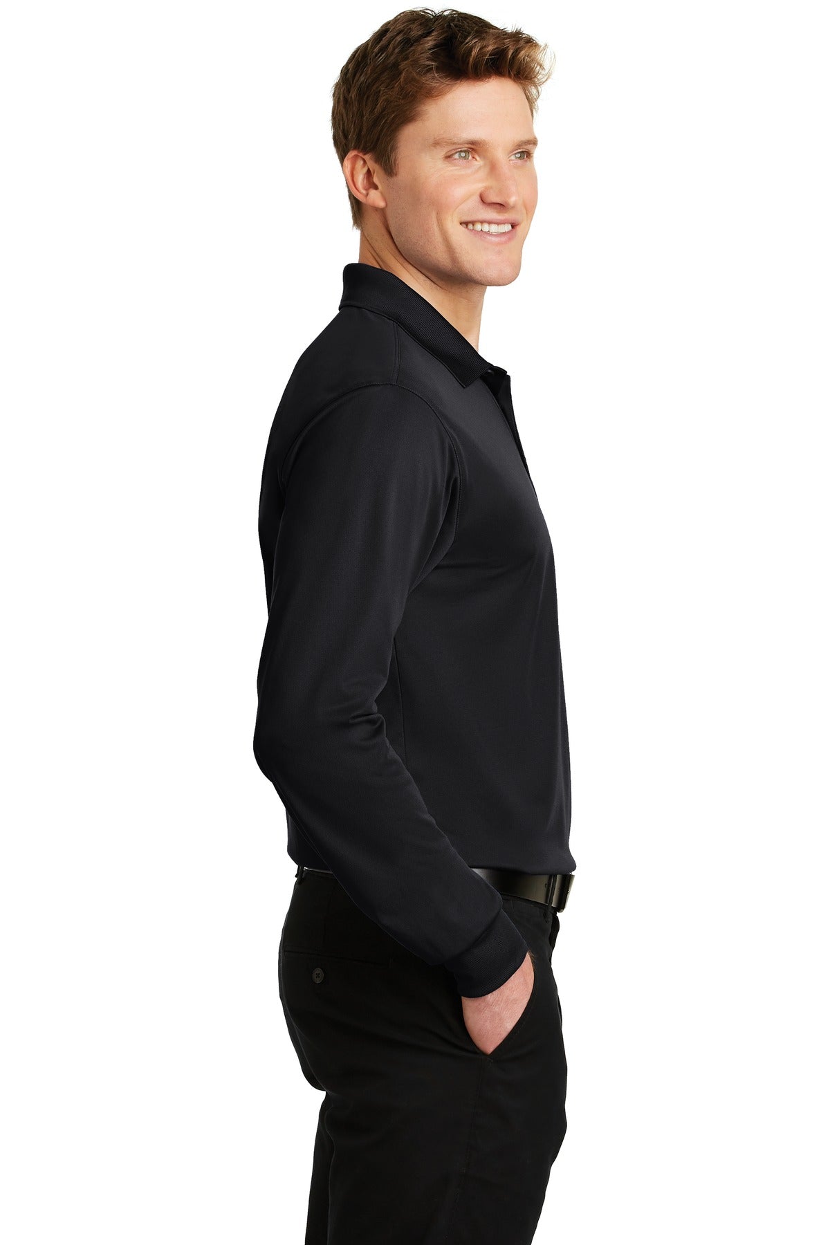 Black Sport-Tek Long Sleeve Micropique Sport-Wick Polo. ST657