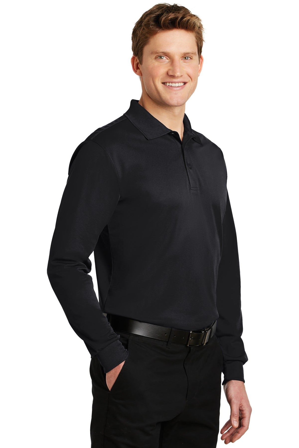 Black Sport-Tek Long Sleeve Micropique Sport-Wick Polo. ST657