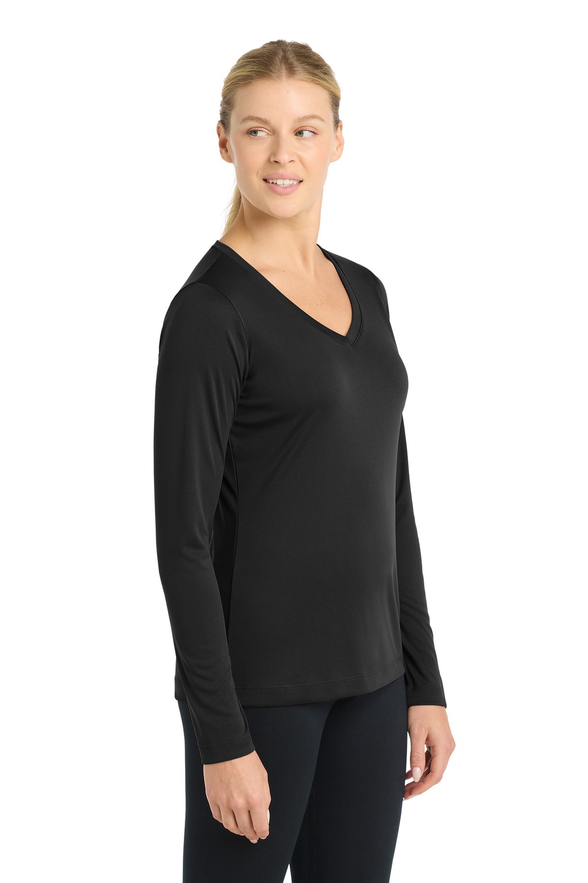 Black Sport-Tek Women's Long Sleeve PosiCharge Competitor V-Neck Tee. LST353LS