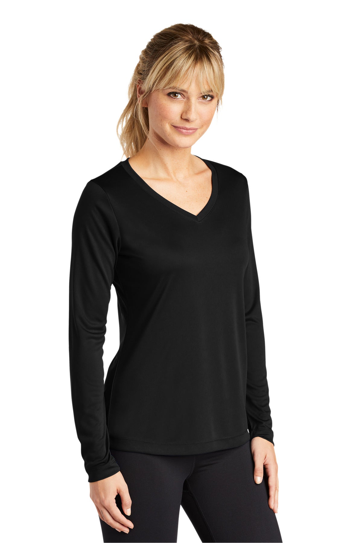 Black Sport-Tek Women's Long Sleeve PosiCharge Competitor V-Neck Tee. LST353LS
