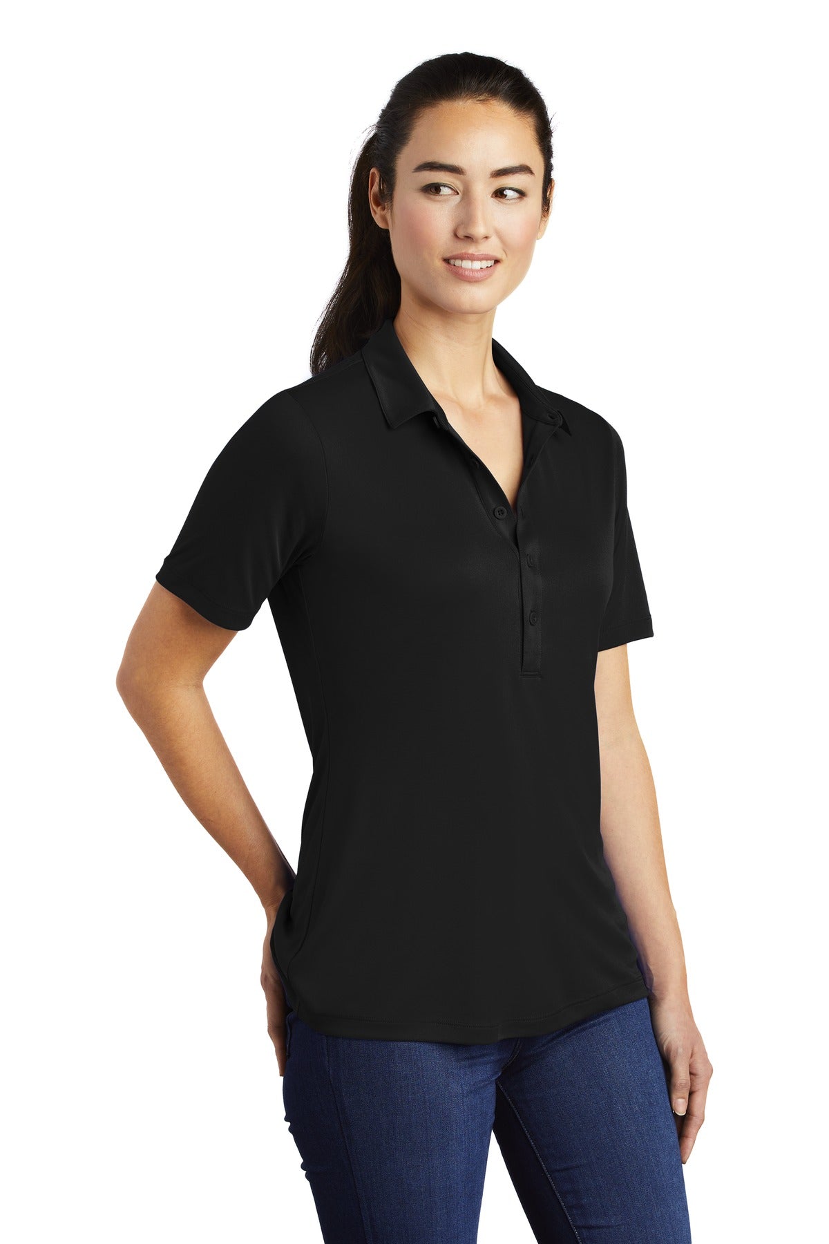 Black Sport-Tek Women's Posi-UV Pro Polo. LST520