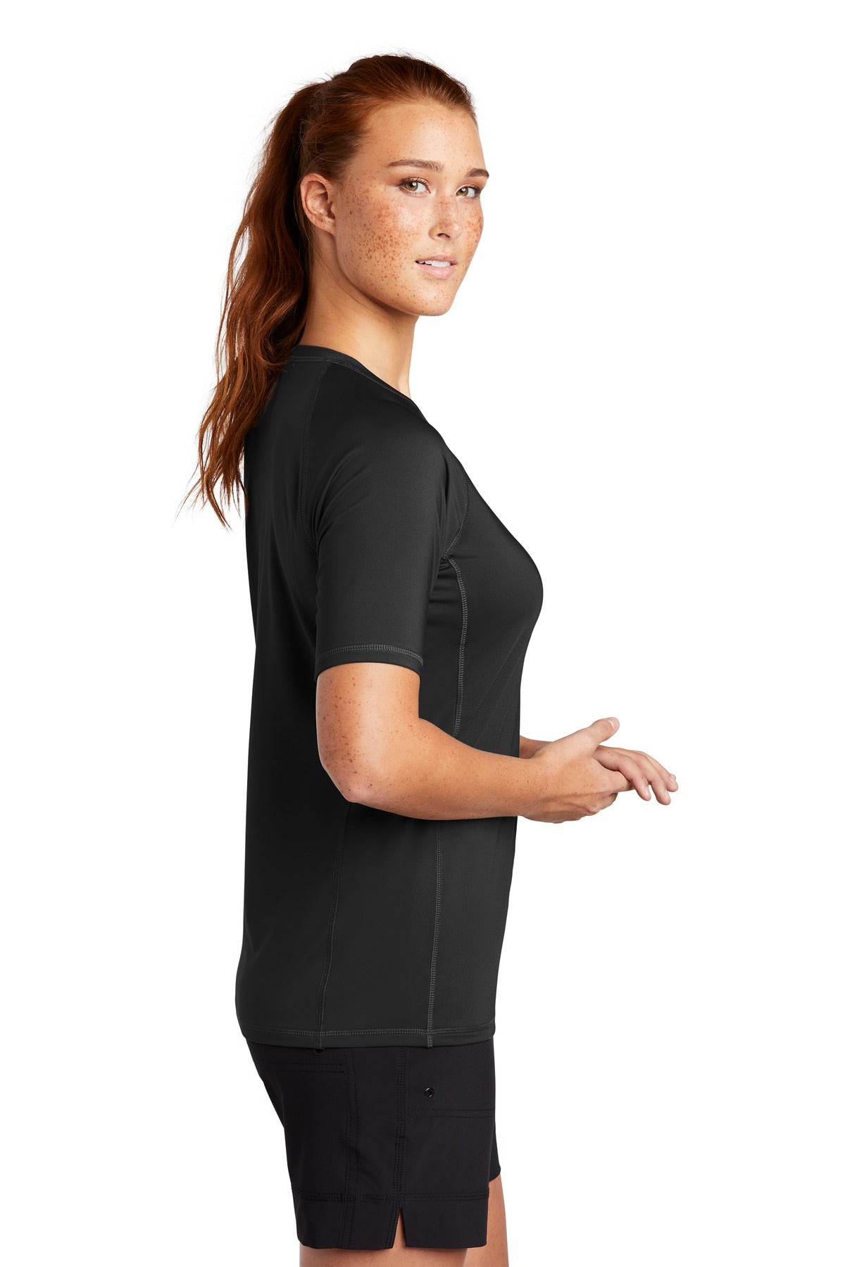 Black Sport-Tek Women's Rashguard Tee. LST470