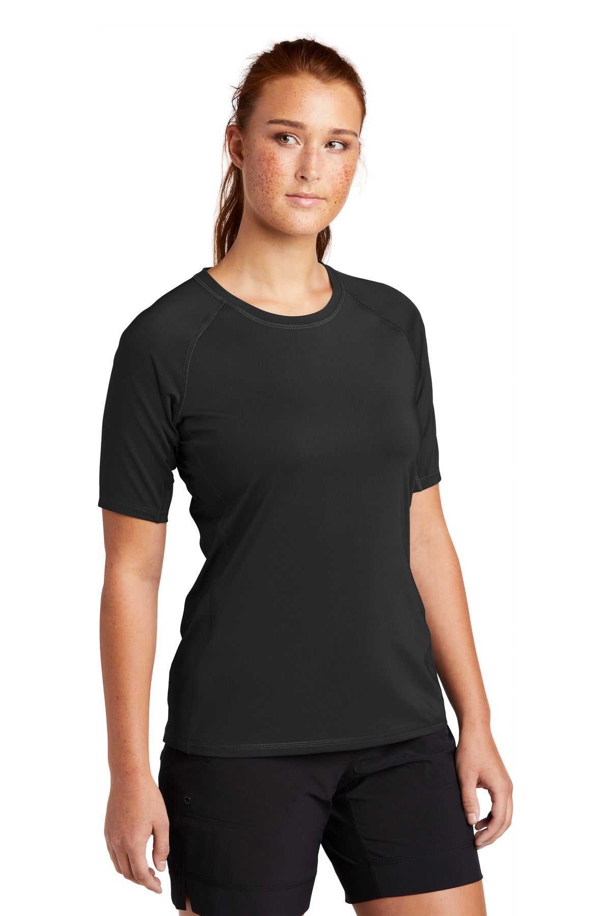 Black Sport-Tek Women's Rashguard Tee. LST470